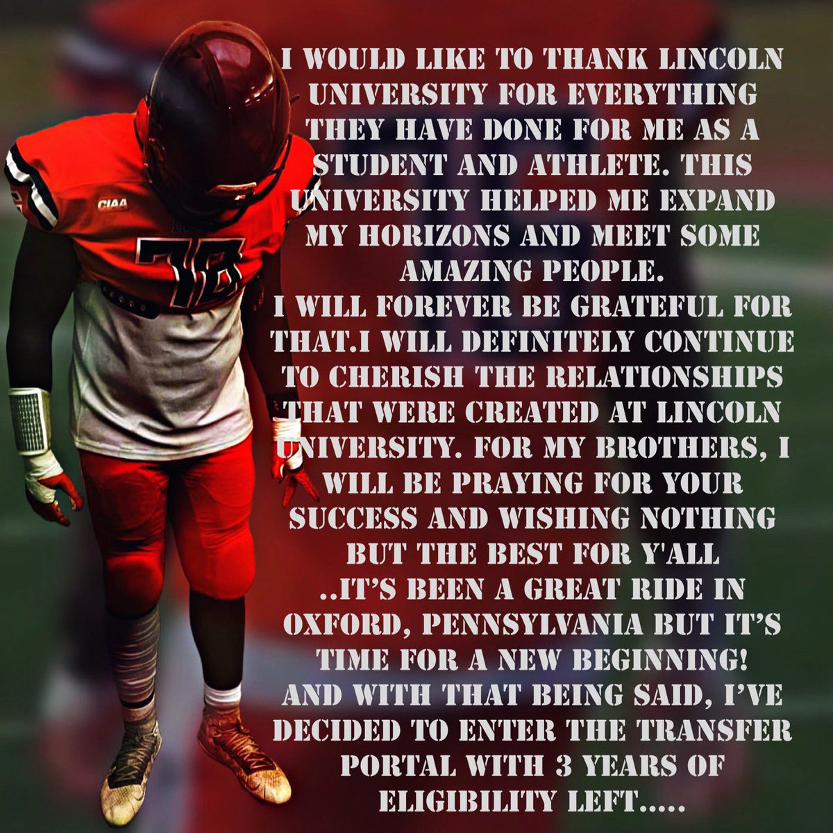 thomasjlt45's tweet photo. Entering the transfer portal with 3 years of eligibility remaining. https://t.co/rNMd0OTCUJ