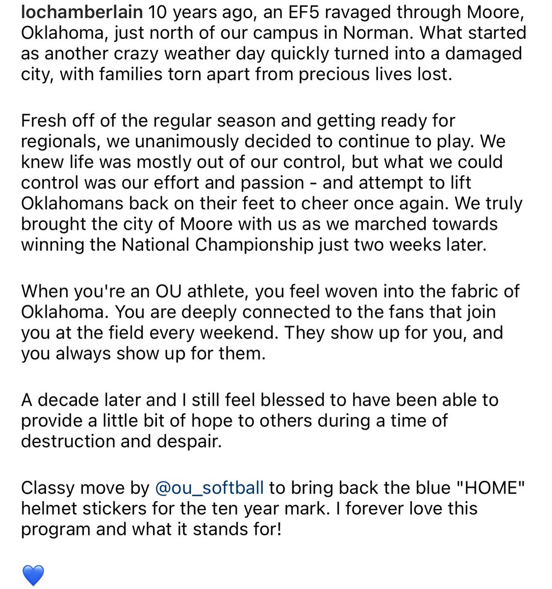 LChamberlain44's tweet image. Ten years 💙

#MooreStrong @OU_Softball