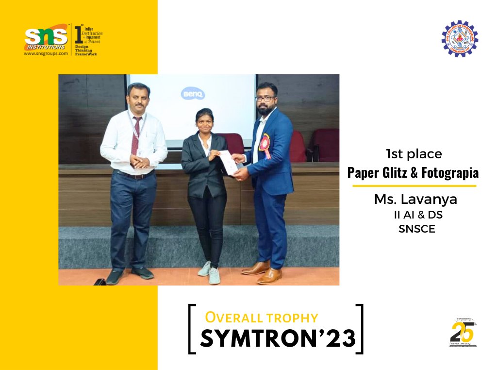snsinstitutions's tweet photo. Ms. Lavanya from SNS College of Engineering shines at SYMTRON'23, winning 1st place in Paper Glitz and Fotograpia with a cash prize and Overall trophy!
#SNSInstitutions #SNSDesignThinkers #DesignThinking
#winners #intercollege #achievement #firstplace #overalltrophy #GDTA https://t.co/eXFcEq9BaZ