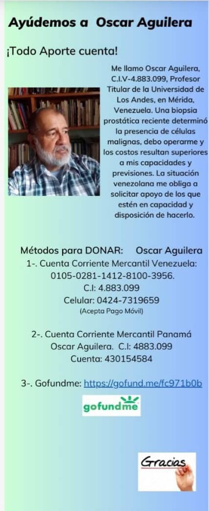 #Difusión
El profesor Oscar Aguilera, Excoordinador del CDCHTA, Editor Jefe de la Revista Fermentum y actual Coordinador de la Comisión de Publicaciones  del CDCHTA requiere de nuestra ayuda ✨🌟
<a href="/CDCHTA/">CDCHTA ULA</a> 
<a href="/SaberULA/">SABERULA</a> 
<a href="/ULA_DTES/">DTES ULA</a> 
<a href="/PrensaULA/">Noticias Prensa ULA Cuenta Oficial</a> 
<a href="/revistasve/">Revistas Científicas de Venezuela</a>