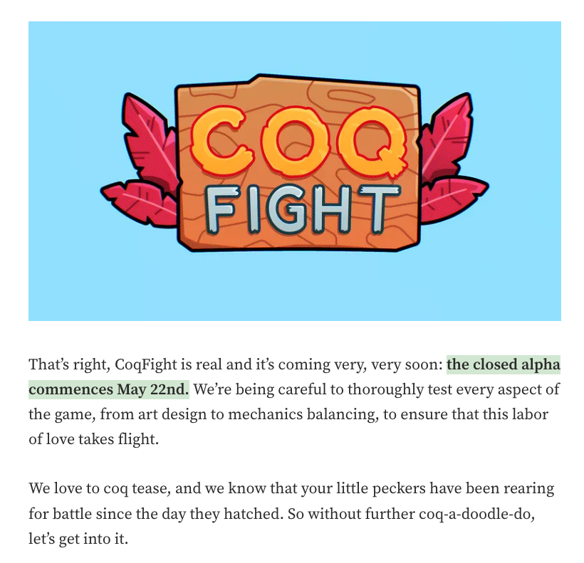 TheBokcast's tweet photo. Closed alpha coq fight testing begins tomorrow....

That's it. 

That's the tweet. https://t.co/YeGdRtOwl2