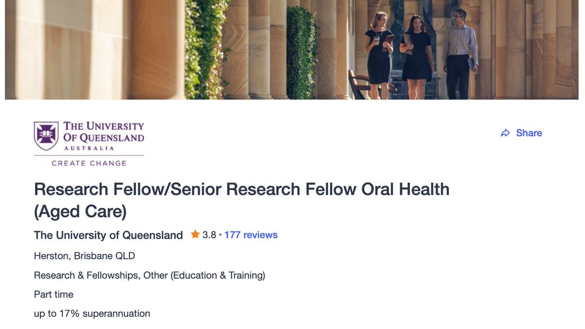 We are recruiting a Research Fellow to work on a Dementia, Ageing and #AgedCare MRFF.
<a href="/LocDo1/">Loc Do</a> <a href="/UQHealth/">UQ Health</a> <a href="/UQDentistry/">UQ Dentistry </a> 

Contribute to the co-design, adaptation, pilot and evaluation of a novel oral health intervention in residential aged care! 

seek.com.au/job/67627774