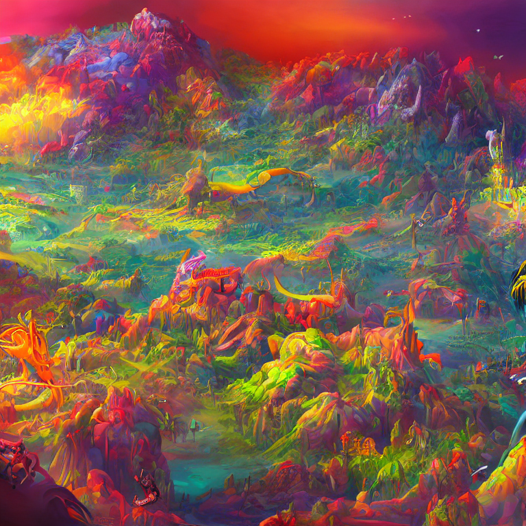 CREAIT_OFFICIAL's tweet photo. A beautiful panoramic view of a vibrant, colorful, surreal landscape, featuring an array of exotic and strange creatures. High detail digital painting, artstation concept art by #aiart #aigeneratedart https://t.co/xDl2ujDEHY
