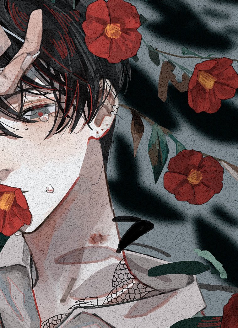 1boy male focus flower solo black hair red flower piercing  illustration images