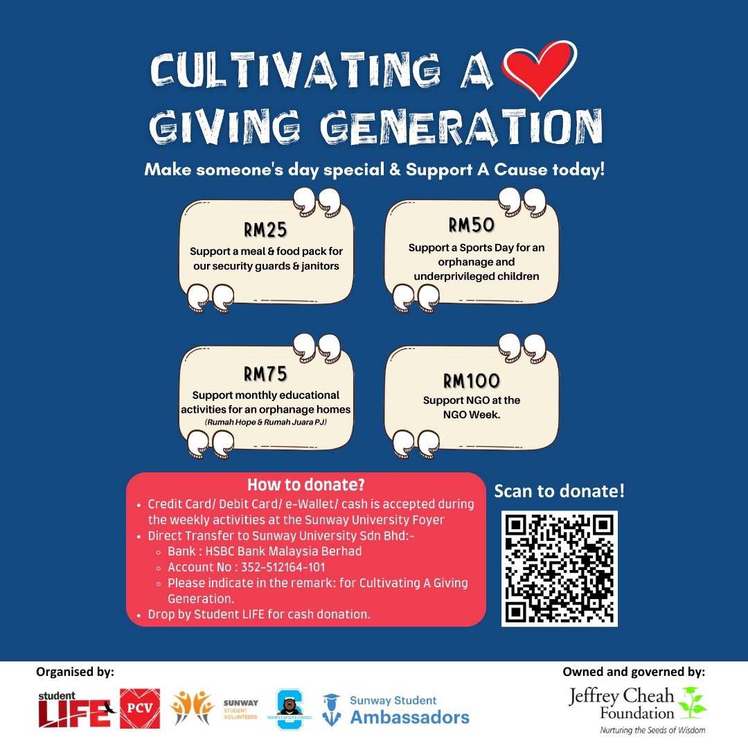 SunwayU's tweet photo. Week #2 of the CWAC: Cultivating A Giving Generation event calls for an NGO Fair! Come explore the ways you can contribute to helping the communities and wildlife in need through volunteering and community service activities!
#CampusWithAConscience #MostHappeningCampus https://t.co/Qoc38eRyQn