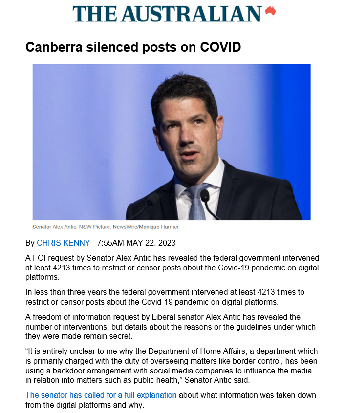 BigBadDenis's tweet photo. "Canberra silenced posts on COVID"

A FOI request by Senator Alex Antic has revealed the federal government intervened at least 4213 times to restrict or censor posts about the Covid-19 pandemic on digital platforms.

#COVID19Aus 

Source: https://t.co/3Ij01GNEjD https://t.co/6vA5kxsEit