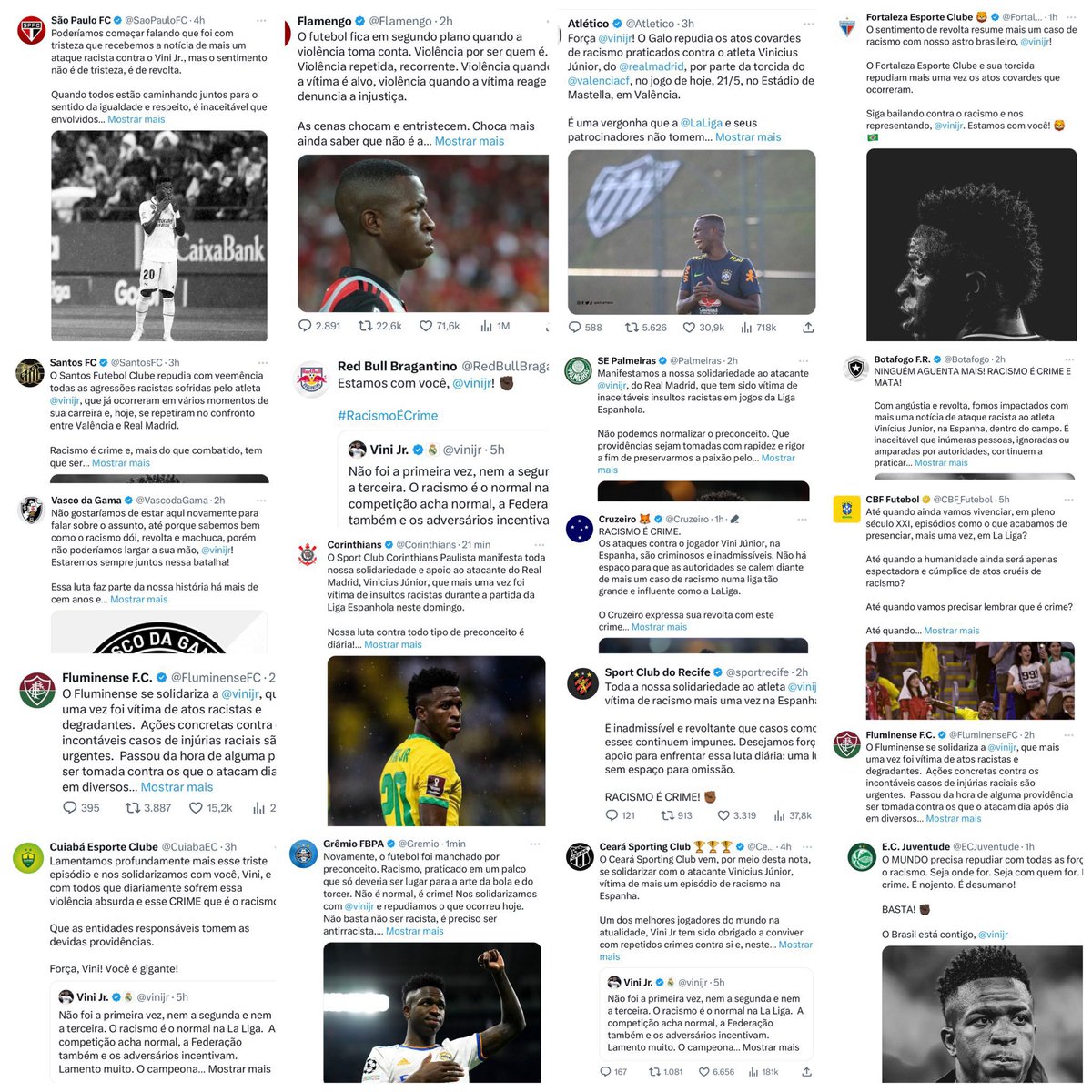 futebol_info's tweet photo. Mensagens de alguns clubes brasileiros para Vini Jr, mais uma vez vítima de racismo na Espanha.

📸 Reprodução https://t.co/zLa1fk0B4e