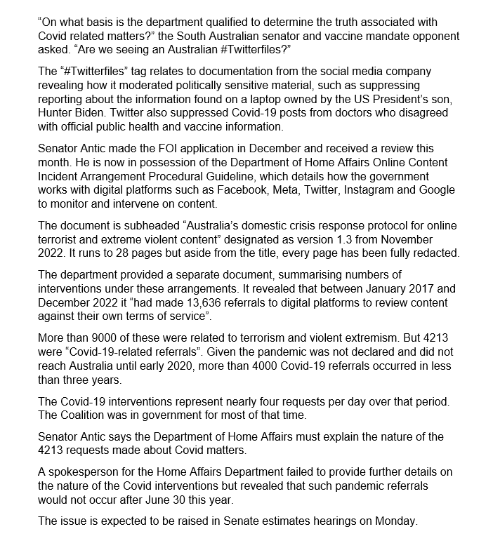 BigBadDenis's tweet photo. "Canberra silenced posts on COVID"

A FOI request by Senator Alex Antic has revealed the federal government intervened at least 4213 times to restrict or censor posts about the Covid-19 pandemic on digital platforms.

#COVID19Aus 

Source: https://t.co/3Ij01GNEjD https://t.co/6vA5kxsEit