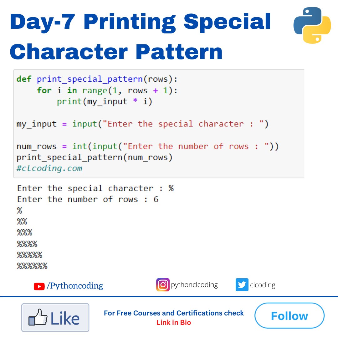 clcoding's tweet image. 100 Days Python Loop Challenge | Day-7 Printing Special Character Pattern bit.ly/41qPJQ1