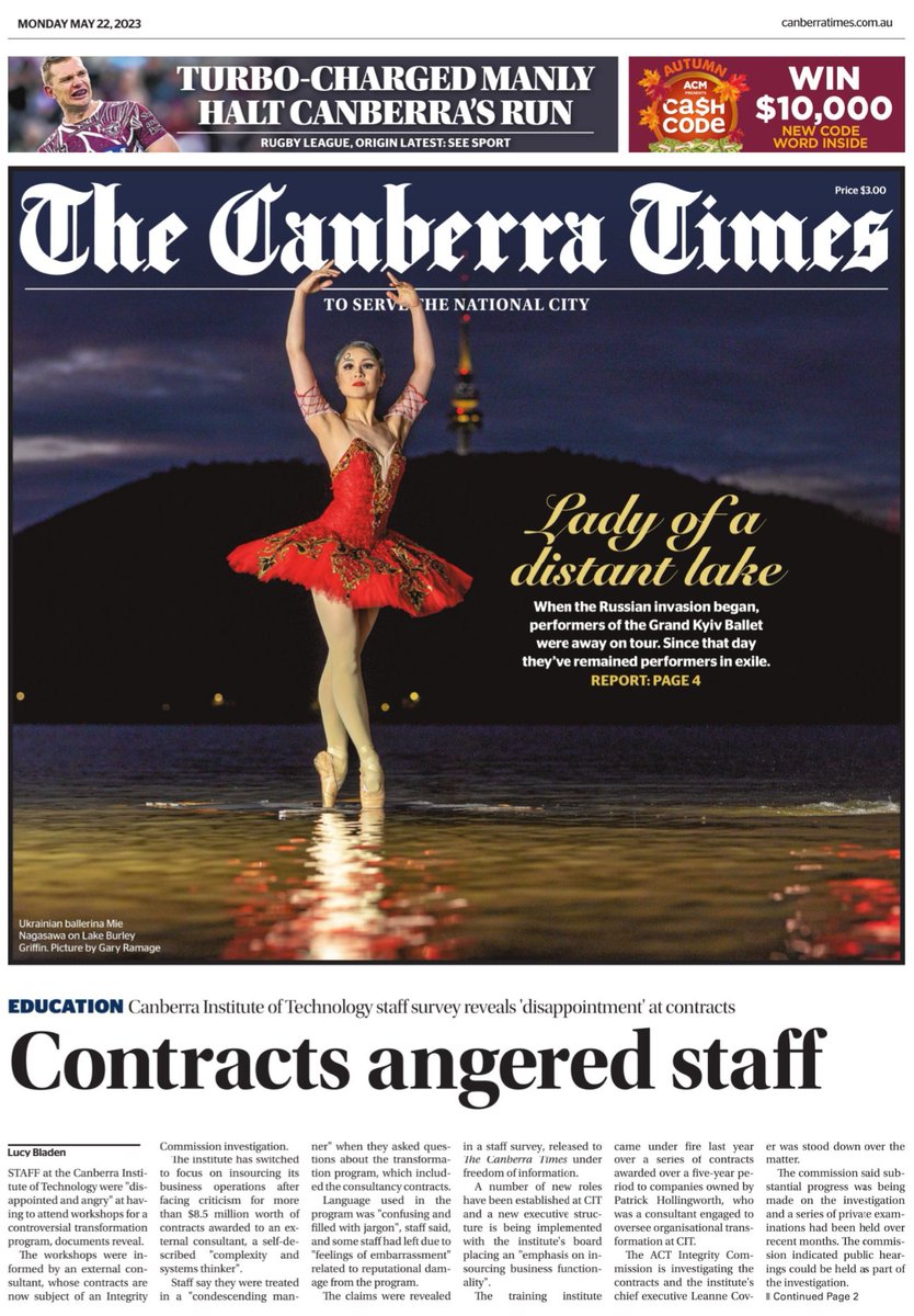 Was such a delight to publish Gary Ramage's shots of Grand Kyiv Ballet dancer Mie Nagasawa, taken in our frigid LBG on Saturday evening.  A memorable <a href="/canberratimes/">Canberra Times</a> front page. 

canberratimes.com.au/story/8202704/…