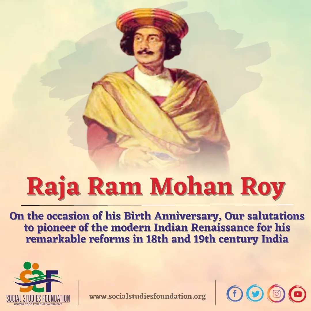 Raja Ram Mohan Roy was a visionary who fought against the evils of sati, child marriage, and caste_discrimination. He also founded the Brahmo Samaj, a movement for monotheistic Hinduism. On his birth anniversary, let us pay tribute to this great reformer and leader. #BrahmoSamaj