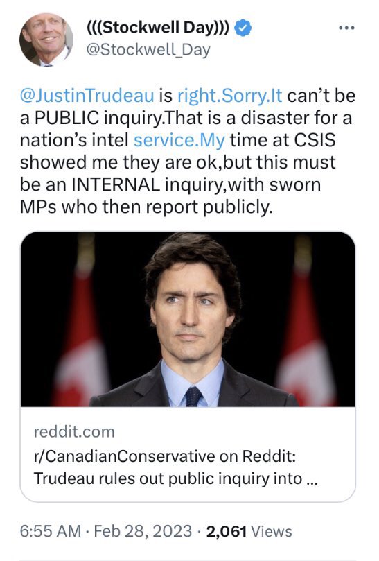 Even Stockwell Day knows this. So anyone in #CPC or in partisan #cdnmedia, calling for a public inquiry, is doing so in bad faith or in ignorance. Knowing full well that a special rapporteur or internal investigation, is the only #CdnNatSec safe way to handle this. #cdnpoli