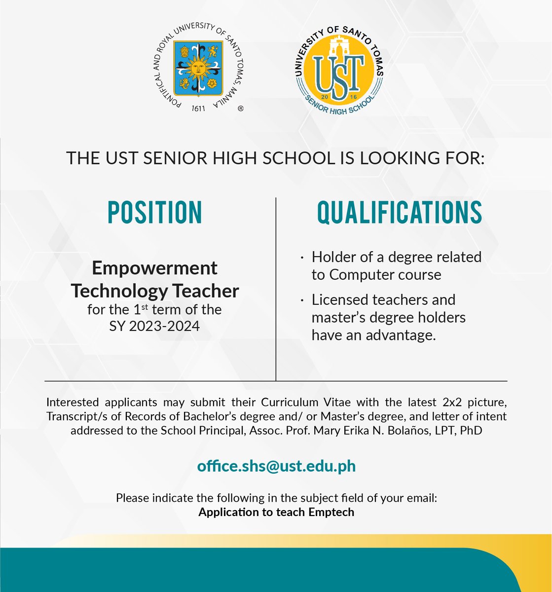 UST1611official's tweet photo. The University of Santo Tomas - Senior High School is looking for faculty members for the 1st term of the School Year 2023-2024. 

#JobsAtUST https://t.co/3htNkNrOWc