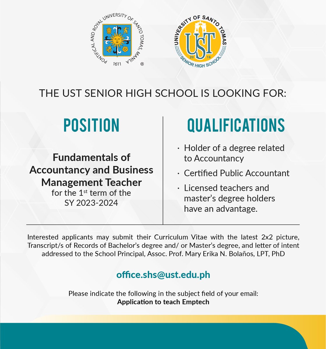 UST1611official's tweet photo. The University of Santo Tomas - Senior High School is looking for faculty members for the 1st term of the School Year 2023-2024. 

#JobsAtUST https://t.co/3htNkNrOWc
