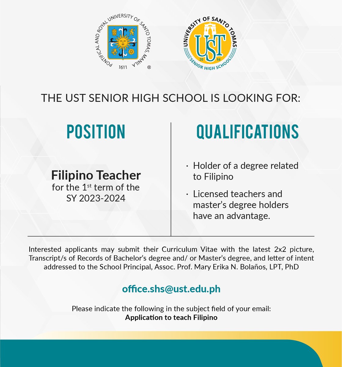 UST1611official's tweet photo. The University of Santo Tomas - Senior High School is looking for faculty members for the 1st term of the School Year 2023-2024. 

#JobsAtUST https://t.co/3htNkNrOWc
