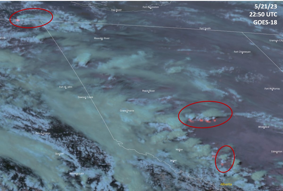 DrDavePeterson's tweet image. Sunday was the fourth day in a row of intense wildfires with #pyroCb activity in Canada. PyroCbs developed over a fire along the #BritishColumbia/NWT border and a large fire complex in central #Alberta. Large pyroCu and possible pyroCbs also occurred west of #Edmonton.