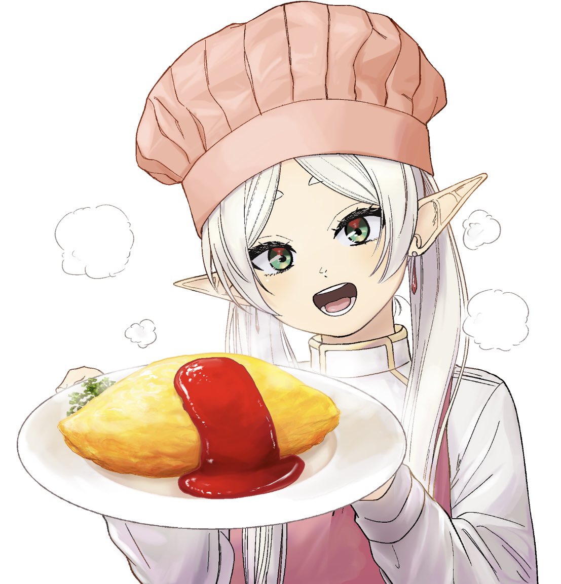 1girl pointy ears elf food omurice omelet hat  illustration images