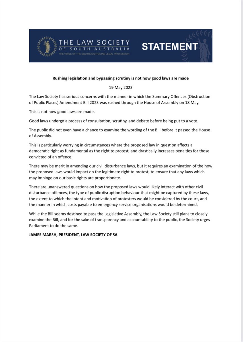 _LisaParker's tweet photo. ‘Rushing legislation and bypassing scrutiny is not how good laws are made’

Statement by @LawSocietySA on the introduction and passage of the Summary Offences (Obstruction of Public Places) Amendment Bill 2023 (SA) through the House of Assembly.
https://t.co/KTdFX0IjZa https://t.co/R8Rzf7232l