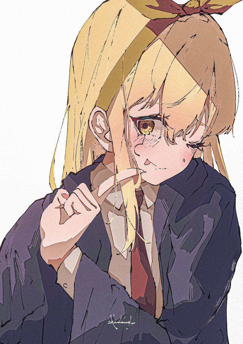 1girl solo blonde hair tongue out one eye closed tongue necktie  illustration images