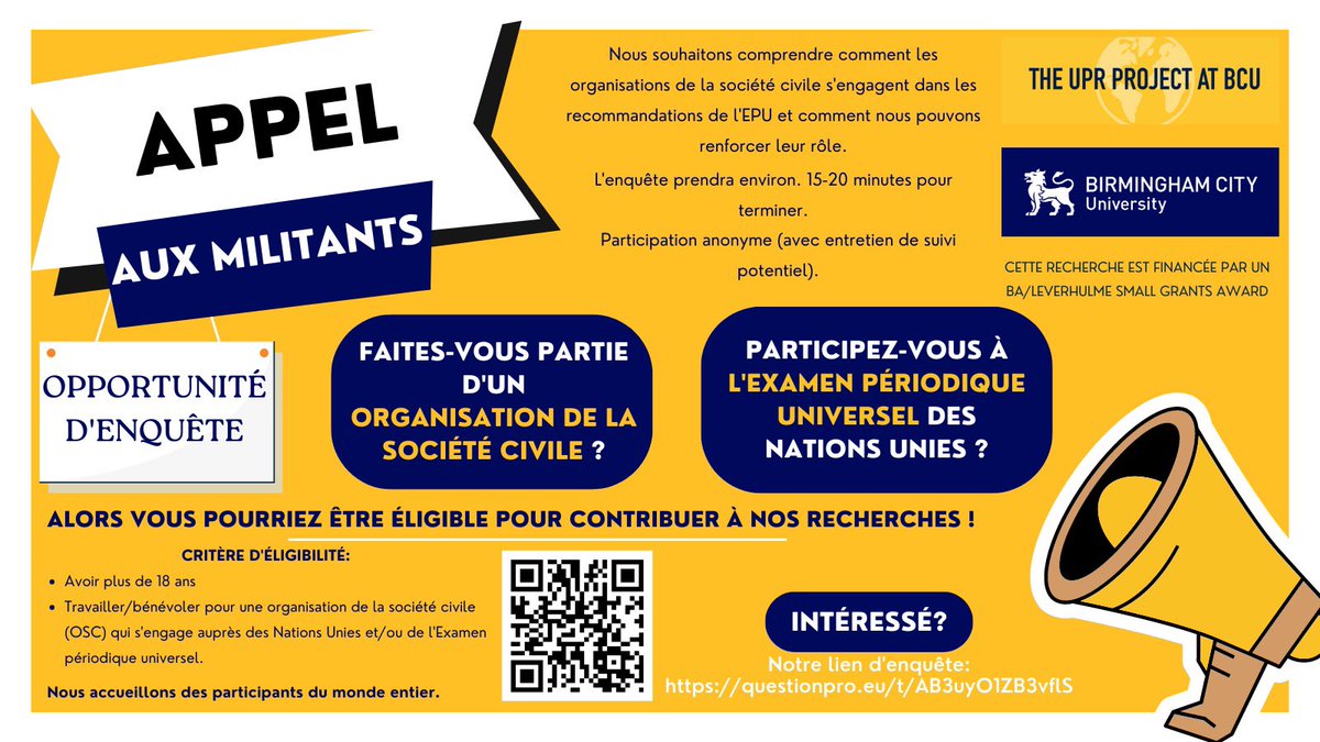 📢 Calling all civil society organisations across the world that participate in the UN’s Universal Periodic Review! 💥 Take this short survey to inform research on civil society & implementation of UPR recommendations! Link and further information here: questionpro.eu/a/TakeSurvey?t…