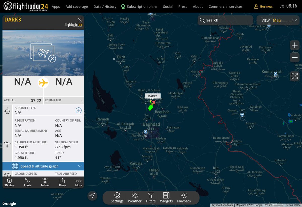 Radar_Assistant's tweet image. MULTI FR24 CIRCLING ALERT : At time Mon May 22 09:09:58 2023 #DARK3 was likely to be circling at FL29 7nm from BLD Balad_VORTAC_IQ
 near سنكر, حمد محمود, ناحية مرکز قضاء دجيل, قضاء دجيل,  #AvGeek #ADSB flightradar24.com/DARK3/30636975