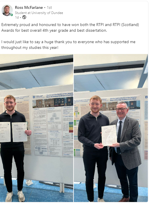 Another proud moment, seeing our former intern Ross McFarlane winning both the RTPI and RTPI (Scotland) Awards for best overall 4th year grade and best dissertation - many congratulations Ross! linkedin.com/feed/update/ur…