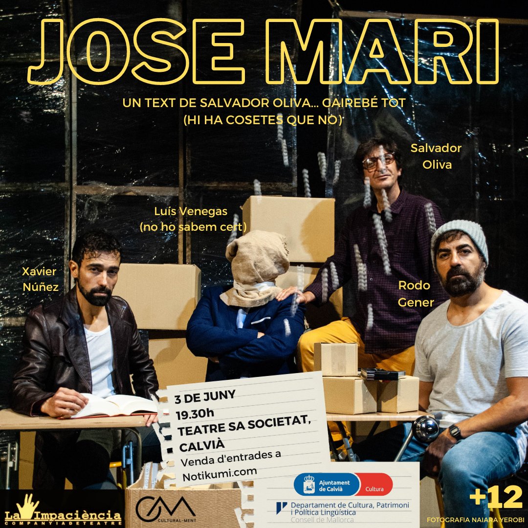 Cultural_ment's tweet photo. Bon dia, culturetes! 🎭

Ja ens enyoràveu? Idò no passeu pena, que arribam de nou als escenaris de la mà de La Impaciència i JOSEMARI

I on serà?

🗓️ 3 de juny
📍 Teatre Sa Societat, Calvià.
🕘 19.30h
🎟️ Entrades a: https://t.co/O6XDDm3uhO

Ens hi veim?

Salut i teatre!🎭💚 https://t.co/0TC4r3Ynno