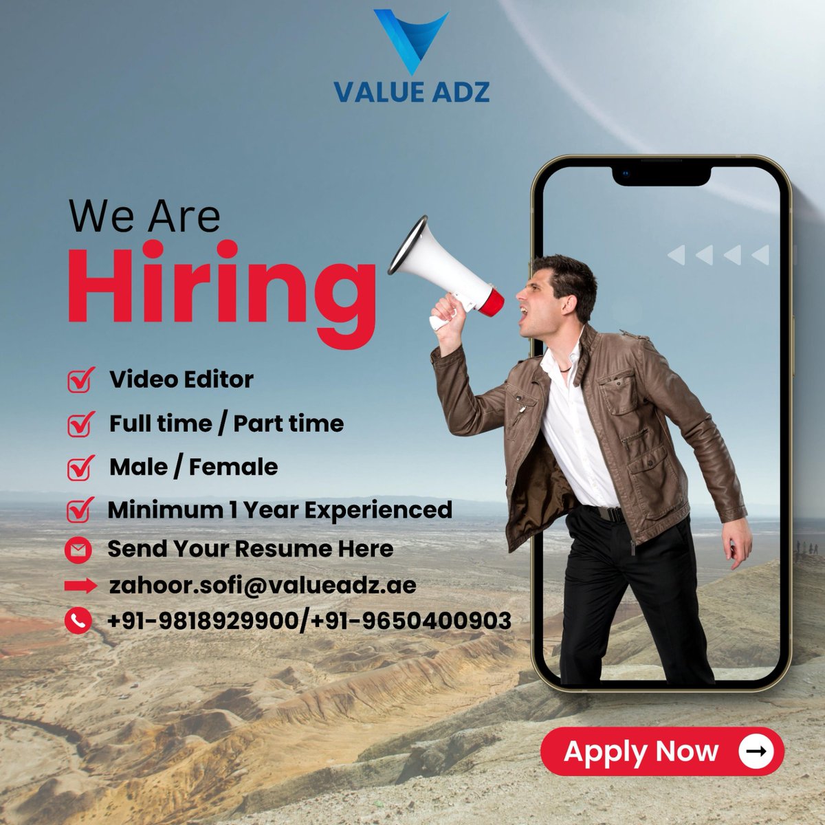 ValueAdz's tweet photo. We are hiring a good graphic designer
Hurry up and send your resume
+91-9650400903
+91-9818929900
Zahoor.sofi@valueadz.ae
#graphicdesign #videoeditor #videoeditorhiring #graphicdesigner #illustration #branding #logo #designer #graphic #digitalart #photoshop #artwork #illustrator https://t.co/Sz3ADFBTQk