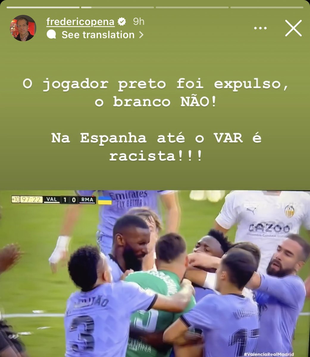 🚨 Viní Jr’s agent on IG: “Black player is sent off but white NO! In Spain, even VAR is racist.”
