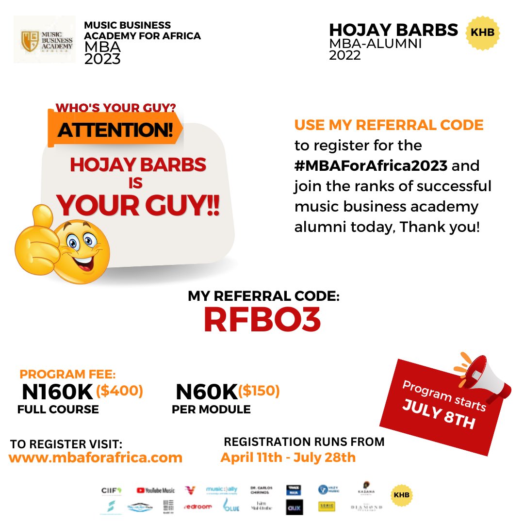 hojay_barbs's tweet photo. Do you dream of breaking into the global music scene? Registering for the @mbaforafrica 2023, alongside my REFERRAL CODE (RFBO3) is your passport to success. As a well-connected A&amp;R and music executive, I've cultivated relationships with industry powerhouses across the world. https://t.co/cvirb2fovp