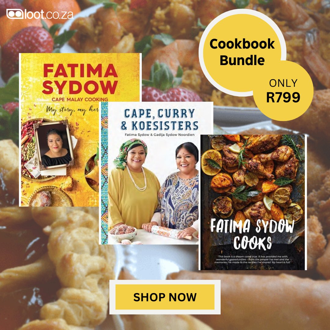 lootcoza's tweet photo. Fatima Sydow is the Cape Malay cooking queen, guaranteed to bring LOTS OF FLAVOUR into your kitchen 🏆 Buy this awesome cookbook bundle for only R799 and 'spice up' your dishes 🌶️🍲 https://t.co/WzZfJKJfzk #ShopOnline #FatimaSydow #CookbookBundle #CapeMalayCooking #CookingQueen https://t.co/X7V1gZC8qE