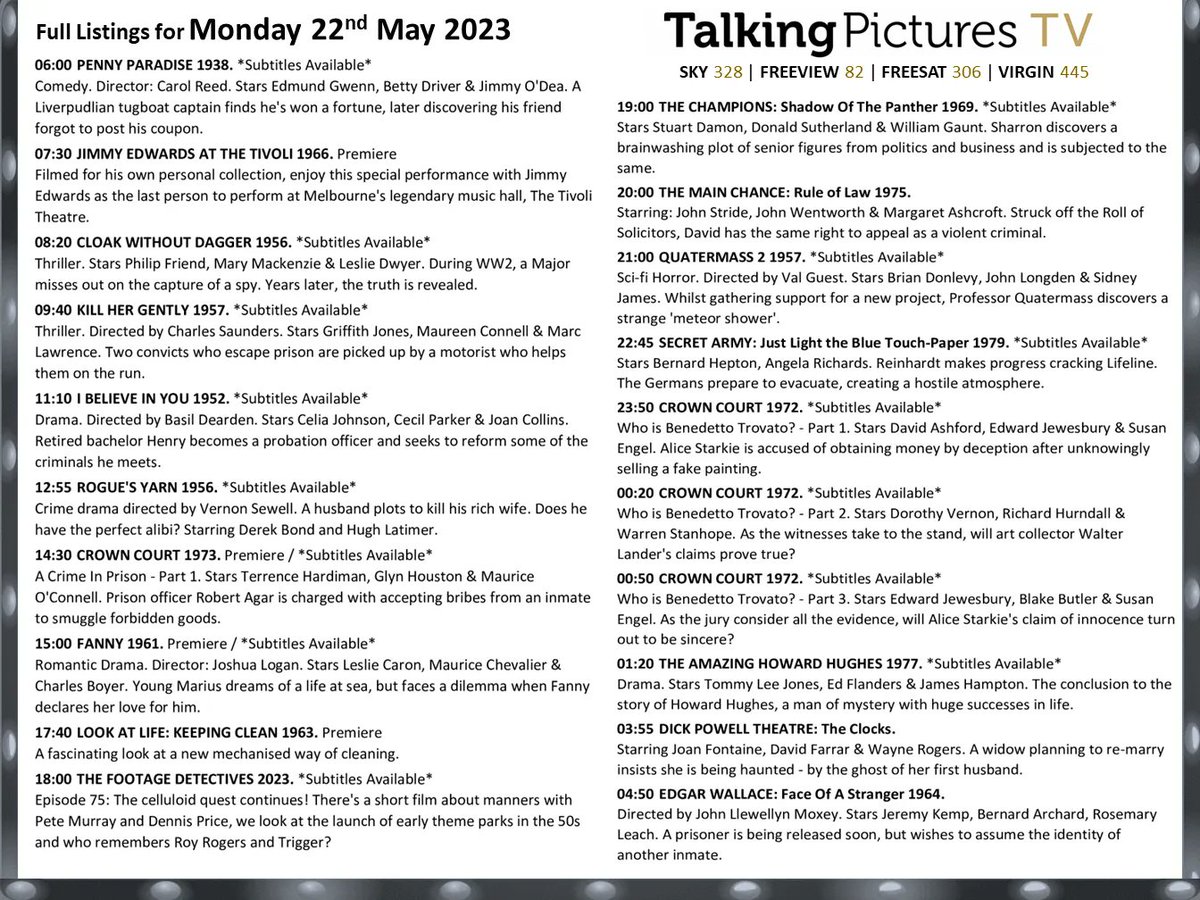 Full listings for today, Mon-22-May on #TalkingPicturesTV