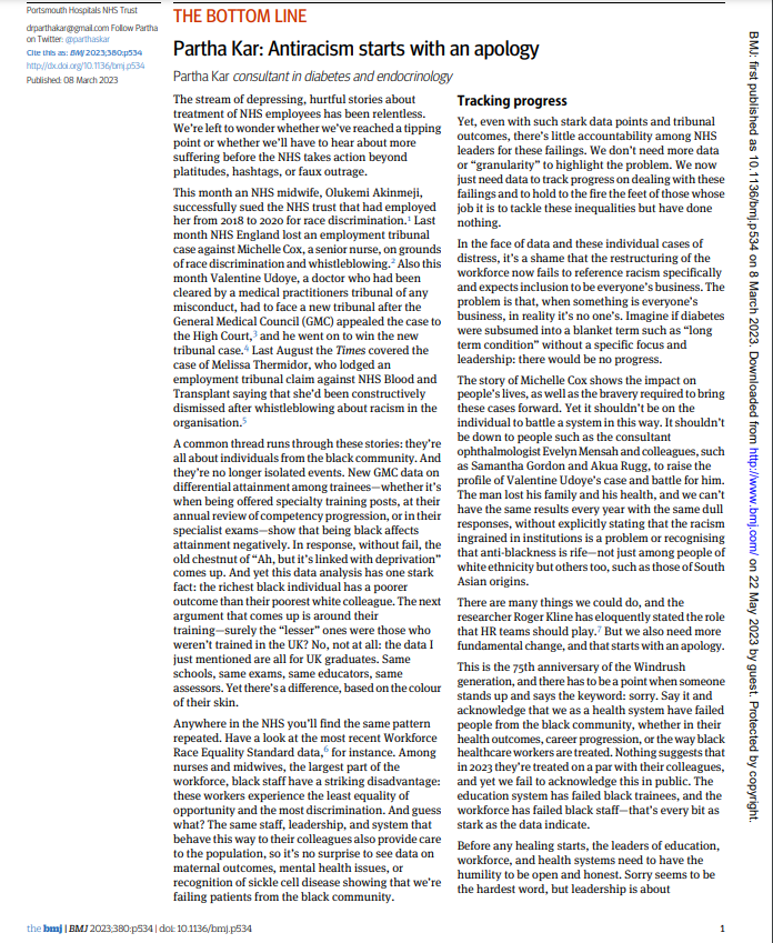 parthaskar's tweet photo. "Leaders of education, workforce &amp; health systems need to have humility to be open &amp; honest
Sorry seems to be the hardest word
Apologise in earnest, commit to #antiracism &amp; speak from the heart if you genuinely want to take the next step

Via @bmj_latest 

https://t.co/jDn7iZzkt9 https://t.co/lCMjaQHfgh