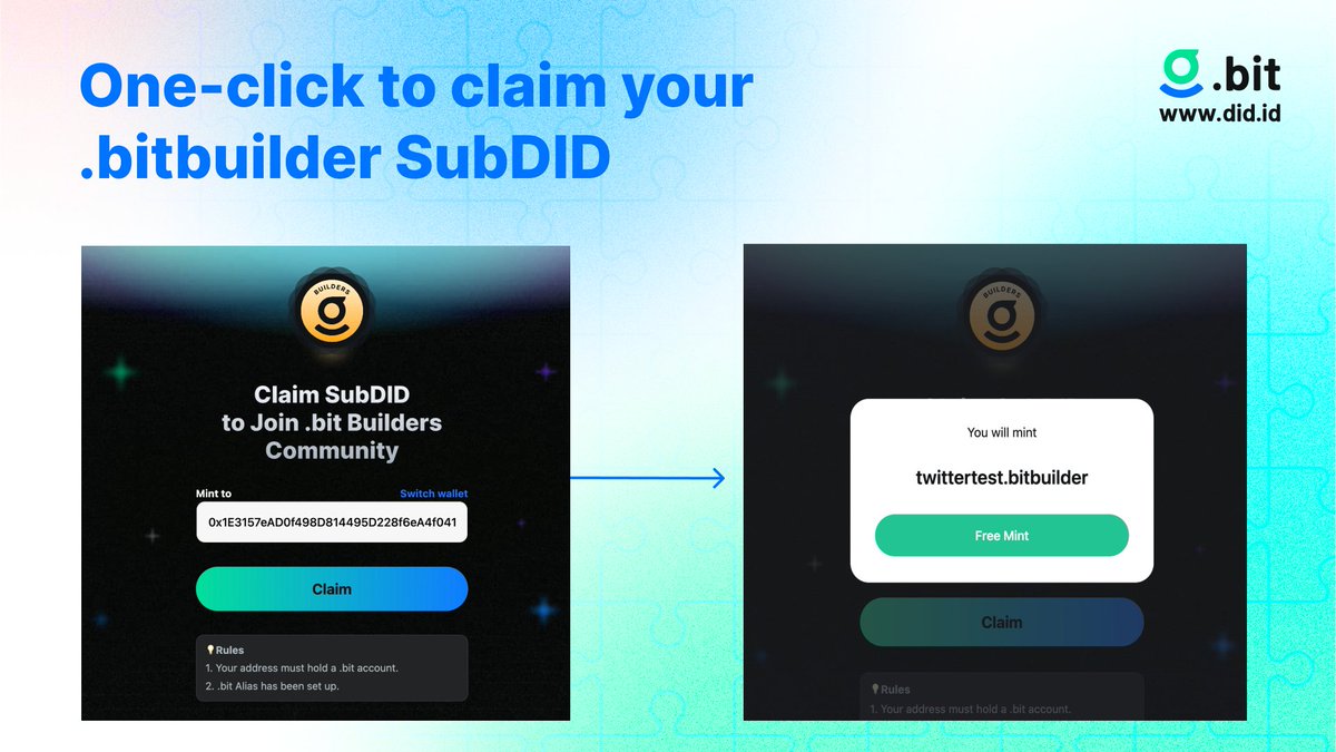 DIDbased's tweet photo. 2/4 Head over to https://t.co/RPniNss4f3, connect your wallet, and seize your exclusive .bitbuilder SubDID - completely free of charge!
⚠️ Please use a primary account to set up .bit alias. Your xx.bitbuilder.bit nickname will be the same as the .bit alias you set up. https://t.co/fgLCdiFxtS