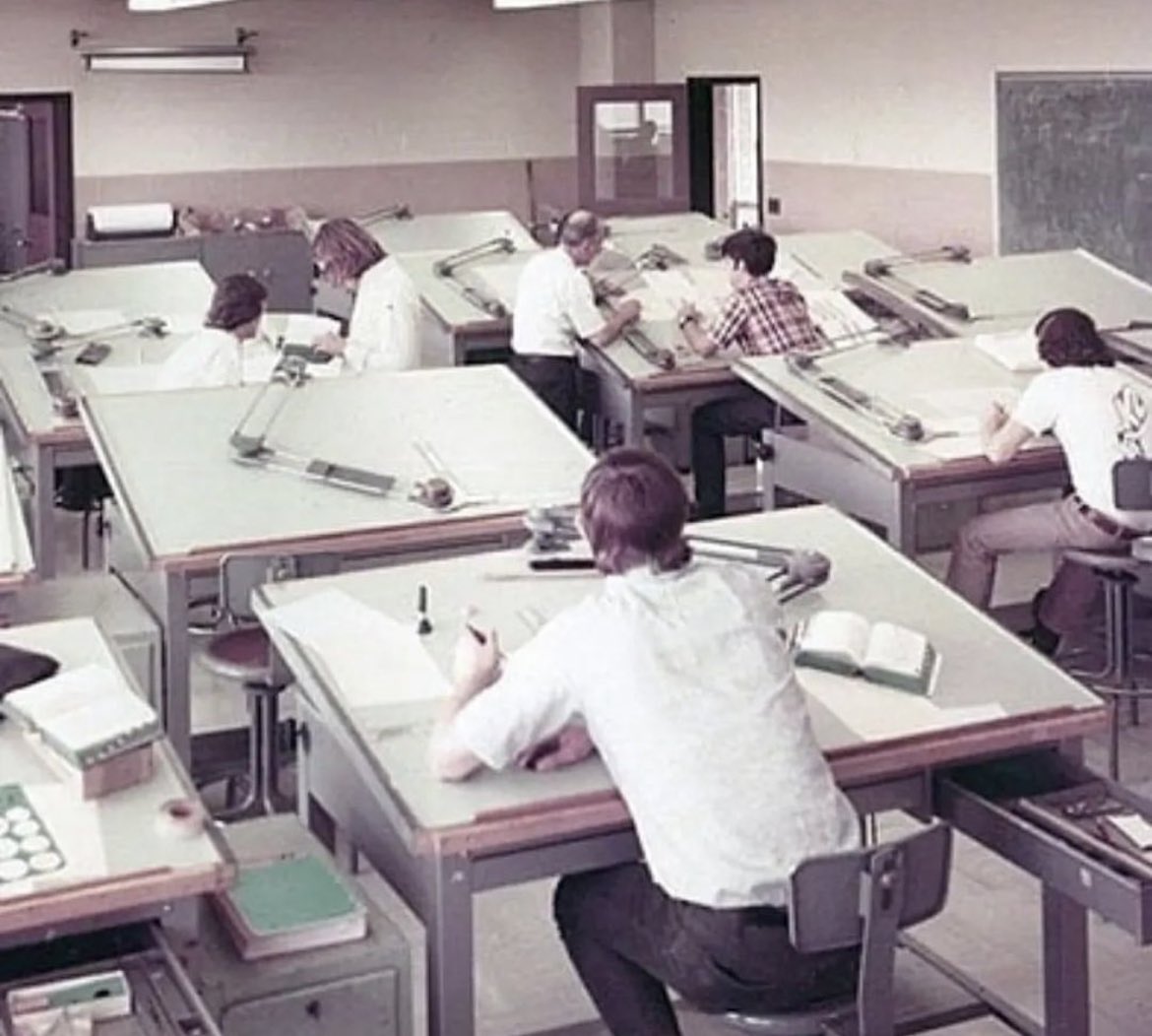 historyinmemes's tweet photo. Before the advent of AutoCAD and other drafting software, office life revolved around manual methods for creating engineering drawings. Engineers relied on a range of tools, including various pencils of different grades, erasers, T-squares, and set squares, to meticulously craft their designs by hand. The process required significant manual labor and attention to detail.

One of the major challenges during this era was the absence of easy revision capabilities. If any changes or modifications were needed, engineers and toolmakers had to start from scratch and painstakingly recreate the entire set of sketches. This meant a considerable amount of time and effort wasted in reworking the designs.

In contrast, the introduction of software like AutoCAD in 1982 revolutionized the field of drafting. Nowadays, architecture designers and drafters can rely on the convenience of digital tools. With just a few clicks of their mouse and keyboard, they can make adjustments, revisions, and create multiple iterations of their designs without the need for manual rework. This has streamlined the drafting process, allowing professionals to work more efficiently and avoid the physical constraints of traditional drafting methods.