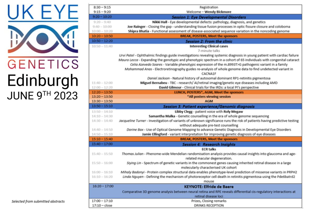 UKEyeGenetics's tweet photo. We are delighted to have a fantastic line-up for our 2023 @UKEyeGenetics annual conference, featuring @j_ellingford @nikkihallvg @RaingerLab @shiprabhatia @mobernabeu & others. Our KEYNOTE is @elfridedebaere! Less than 3 weeks to go - register now: https://t.co/8XHu8kmtSn https://t.co/wQHcotzzxU