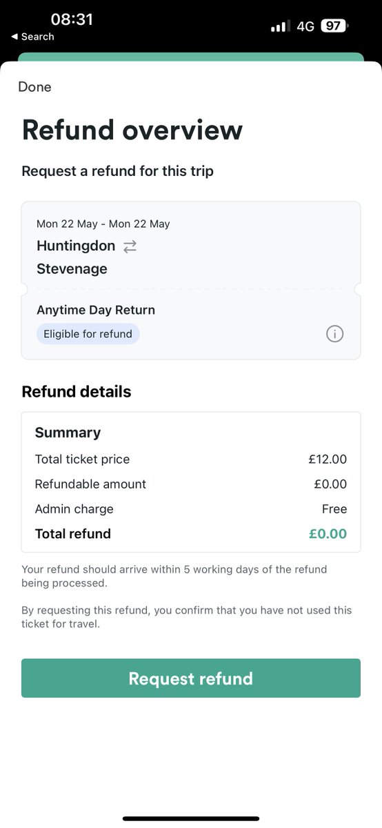 AdamMillsUK's tweet photo. @thetrainline Hi there - stuck in the platform with the signalling issues, so trying to refund my ticket given I can’t travel. Getting a £0 refund and an error when I hit request. Any guidance on how to sort? Thanks so much. https://t.co/JlU5uJ14yK
