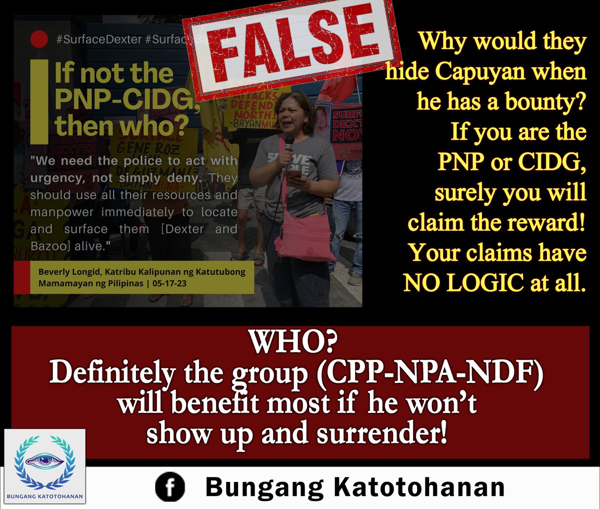 forpeace_oneph's tweet photo. If its not the PNP/CIDG, then who? Sino pa ba edi mga kasama nyo din lang. Magaling kayo gumawa nang issue, ang tagal nang nawawala ni Capuyan, dapat nuon nyo pa siya hinanap. Wala nang naniniwala sa mga kalokohan at kasinungalingan nyo!
-Bungang katotohan

#holdcppnpandfliable https://t.co/s99GJdldi4