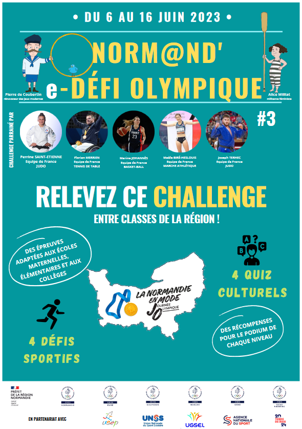 🆕 Challenge régional "Norm@nd’e-defi olympique" #3

Pour  toutes les classes des écoles maternelles, des écoles élémentaires, des collèges de la <a href="/RegionNormandie/">Région Normandie</a> et aussi pour les instituts médicoéducatifs.
INSCRIPTION : docs.google.com/forms/d/e/1FAI…
cc <a href="/ac_normandie/">Académie de Normandie</a>
#Sport #Education