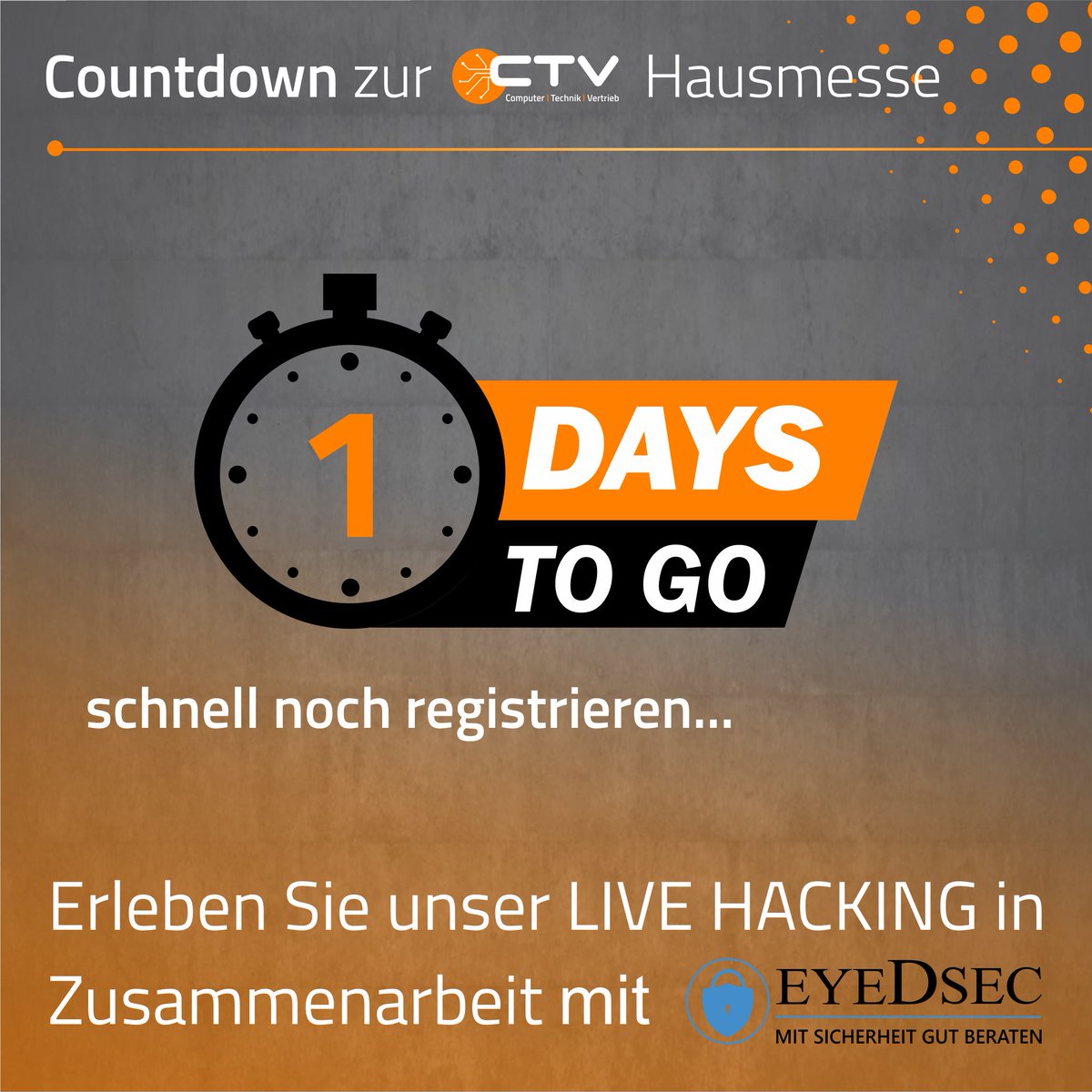 CTVZwickau's tweet photo. 💪 Jetzt aber schnell... Nur noch ein Tag bis zu unserer Hausmesse. Seien Sie dabei - wir freuen uns auf Ihren Besuch! 🤩 

▶️ https://t.co/6WyByf9G8M

#ctv #ctvzwickau #computer #technik #vertrieb #it #hausmesse #neueperspektiven #optmieren #muldentalhalle #wilkauhasslau https://t.co/g6m7UpVlCF