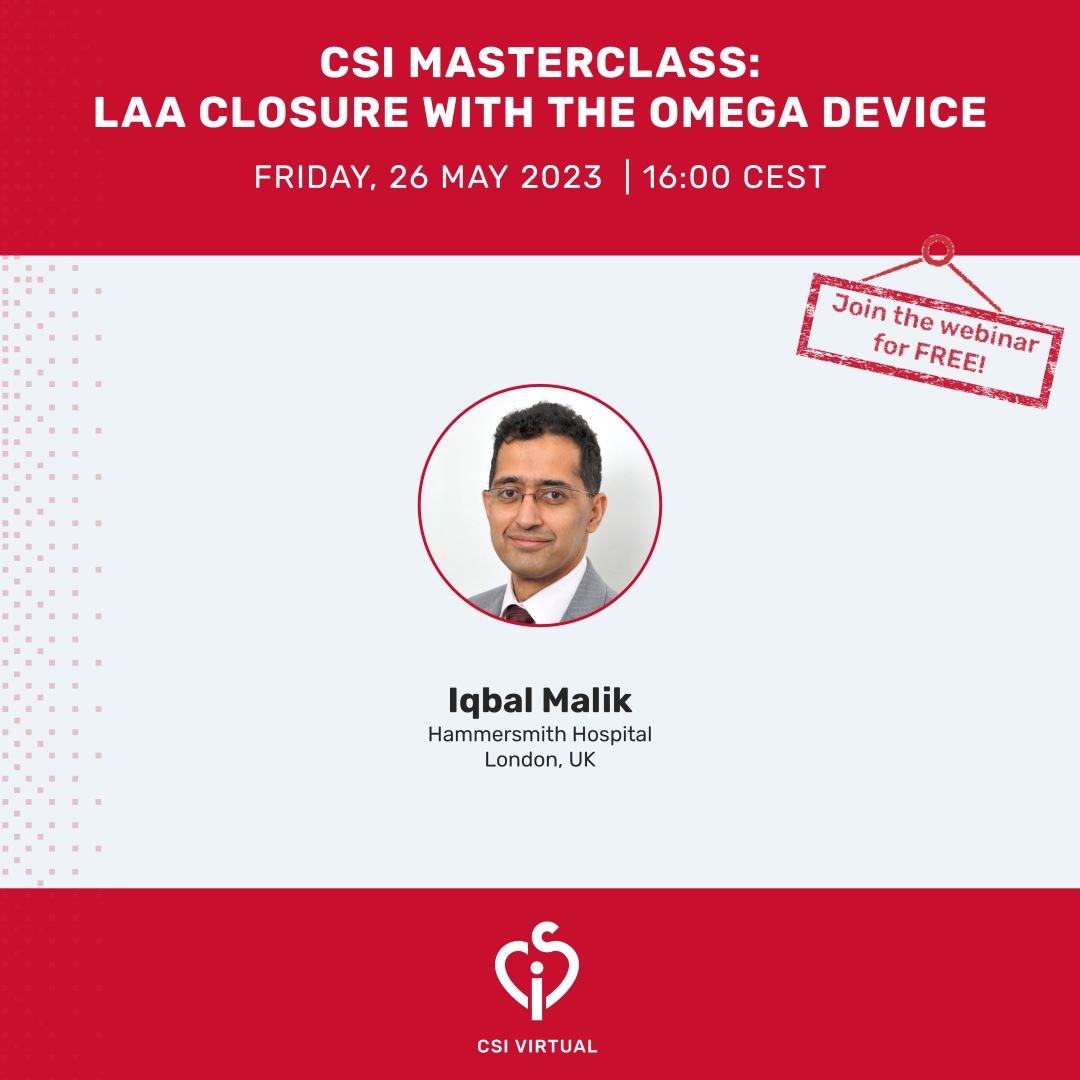CSIcongress's tweet photo. Join us on Friday, May 26 at 16:00 CEST on #csivirtual as we discuss "CSI Masterclass: #LAA closure with the Omega device" 
📝Register here for 🅵🆁🅴🅴: https://t.co/cA4dGCO0qK
This #webinar  has been accredited by EBAC with up to 2 #CMEcredits.  #Cardiology #MedEd #CardioEd #CardioTwitter
