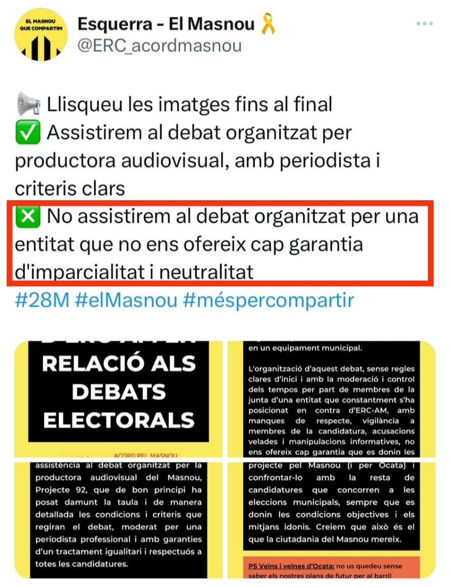 @seamgi14 <a href="/fransaviles/">Frans Avilés</a> @mariallaras <a href="/amarset/">Antonio Marset</a> <a href="/q_amadeu/">AmadeuQ</a>
 <a href="/real_izquierdo/">MONTSERRAT REAL IZQUIERDO</a> <a href="/ballvemasnou/">Ballvé Masnou</a> <a href="/elmasnouara/">El Masnou ARA (EMARA)</a> <a href="/MasnouValents/">valents_masnou</a>
Benvolguts,
Us informem que @ERC_acordmasnou  
declina la invitació dels veïns a debatre sobre el barri. 
Sembla que no som de fiar!