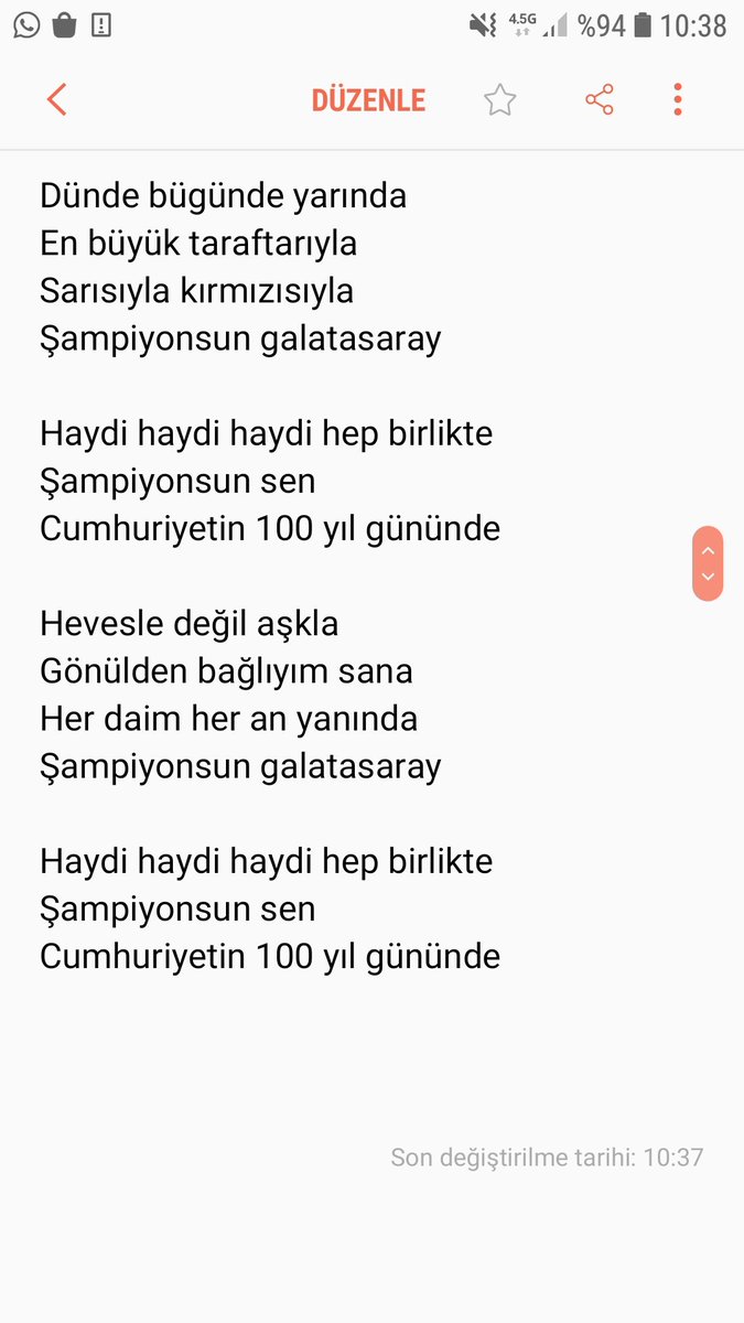 UgurSarioglu3's tweet photo. @GalatasaraySK @GSSuSporlari Dünde bügünde yarında
En büyük taraftarıyla
Sarısıyla kırmızısıyla 
Şampiyonsun galatasaray

Haydi haydi haydi hep birlikte
Şampiyonsun sen
Cumhuriyetin 100 yıl gününde

Hevesle değil aşkla
Gönülden bağlıyım sana
Her daim her an yanında
Şampiyonsun galatasaray
@ultrAslan @sco1905 https://t.co/hWA3TS9HY2