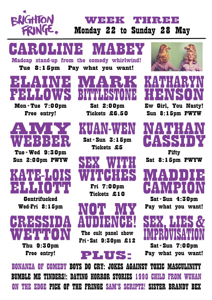 WEEK 3 features comedy from <a href="/CarolineMabey/">Caroline Mabey</a> <a href="/markbittlestone/">Mark ON TOUR Bittlestone</a> @elainefellows_ <a href="/ewgirlyounasty/">ewgirlyounasty</a> <a href="/kuanwen_huang/">Kuan-wen Huang</a> <a href="/AmyWebberSop/">Amy Webber</a> <a href="/nathancassidy/">Nathan Cassidy</a> <a href="/KateLoisElliott/">Kate-Lois Elliott</a> @diaryofamaddie <a href="/CressidaWetton/">Cressida Wetton</a> <a href="/sexliesimprov/">Sex, Lies & Improvisation</a> <a href="/bumblemetinders/">Bumble Me Tinders</a> <a href="/MoniZhangComedy/">Moni Zhang Comedy</a> <a href="/Ontheedgecomedy/">On The Edge Comedy</a> <a href="/SamoJacobsen/">Sam Jacobsen</a> @allthatbex
