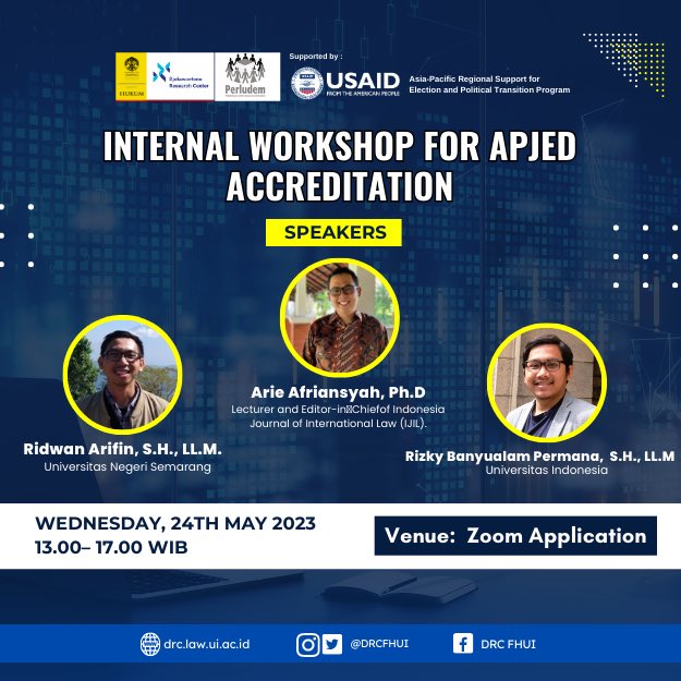 DRCFHUI's tweet image. Internal workshop for APJED accreditation 

Wednesday, 24th May 2023 
Time : 13.00– 17.00 WIB (Jakarta/Bangkok Time) 
Venue : Zoom Application (Online)