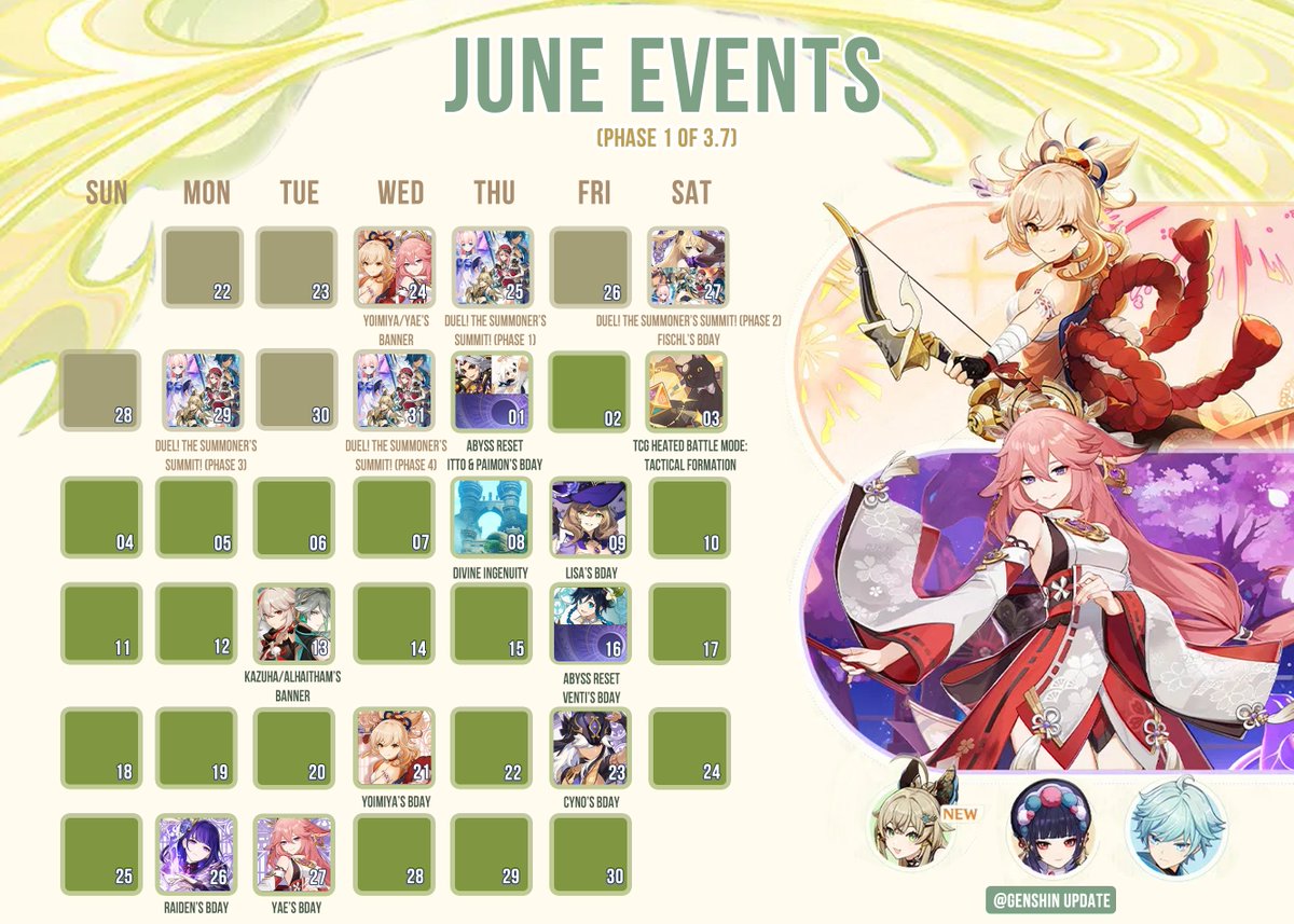 GenshinUpdate's tweet photo. #GenshinUpdateCalendar
3.7 is coming soon 🥳
▶️2 events left for phase 2 
▶️Duel! The Summoners' Summit! will last till June 19
▶️2nd phase is on July 5
▶️3.8 livestream is predicted to be on June 23-24
 Goodluck on pulling xD  
#GenshinImpact #原神 #원신 https://t.co/PmBknrgPqn
