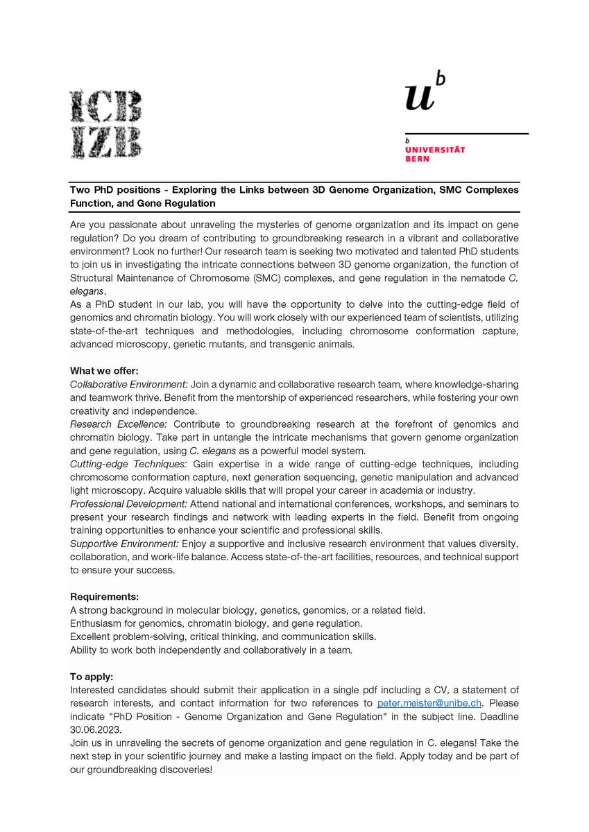 peter_meister's tweet image. We are hiring! Two PhD positions on the relationship between 3D genome organization, SMC complexes and gene regulation.