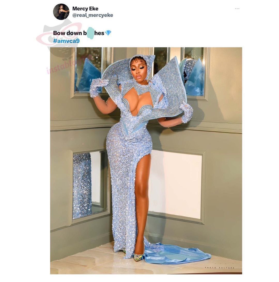 instablog9ja's tweet photo. Rapper Cardi B reacts to bbn’s Mercy Eke’s outfit to the AMVCA. https://t.co/ps4KsdFHS7