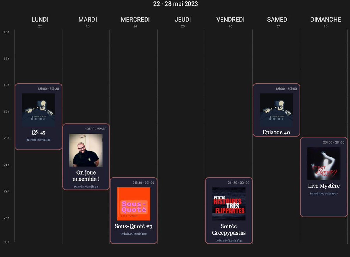 La planning des antipods est chargé cette semaine ! Avec le retour de <a href="/ADADlepodcast/">Avant d’aller dormir</a>, une soirée jeux avec <a href="/Un_Dix_Go/">UnDixGo</a>, les dernières pépites de Reddit, un live creepypastas puis C'est Creepy pour terminer la semaine