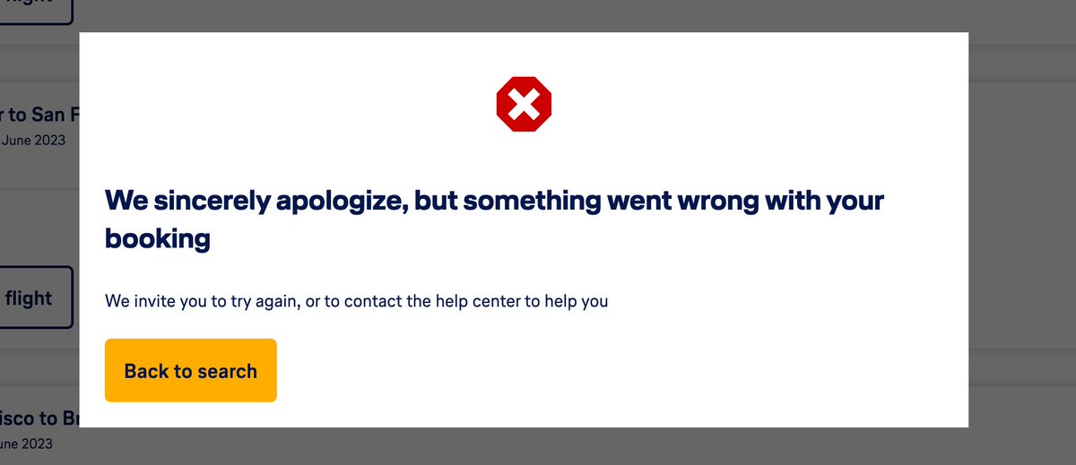 OttoDebals's tweet photo. @lufthansa ... but I'm reporting the technical issue, right here: my first screenshot shows you the error code DAPI/37181, attached you see the constant popover. You can try searching for the itinerary yourself. I called TS - they say you don't sell Vancouver>SFO legs. So what is it now? https://t.co/JeA2qcWWDD